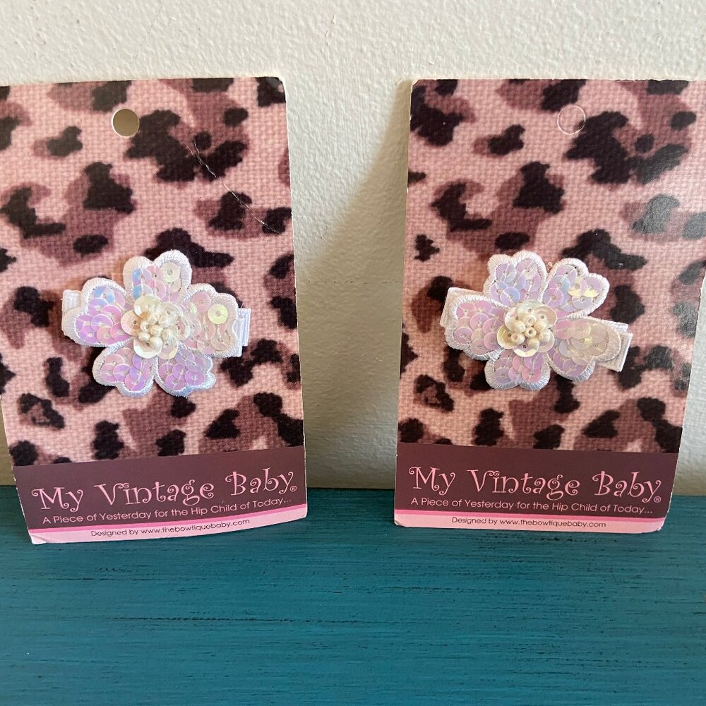 My Vintage Baby Set of 2 Ivory Sequin Little Girls Hair Clips NEW